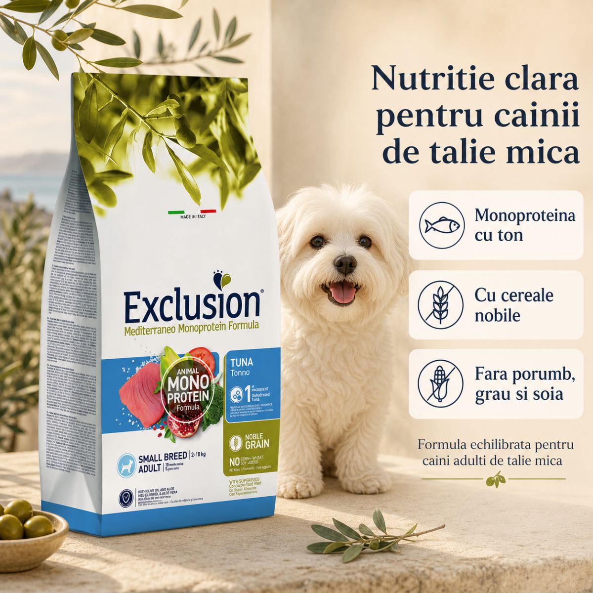 EXCLUSION Mediterraneo Monoprotein Formula Small Breed, XS-S, Ton, hrană uscată monoproteică câini, 7kg